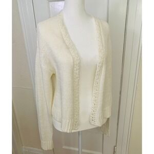 Marled Cropped Ivory Cardigan Crochet Trim Open Front Knit Sweater / Size XS